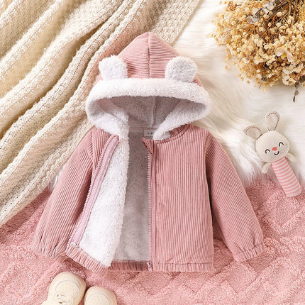 Baby girl casual cute corduroy composite plush fabric zipper fully open thickened hooded long sleeve jacket autumn and winter