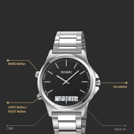 SKMEI 2120 Digital Quartz Watch for Men Waterproof Sport Dual Display Stainless Steel Mens Wristwatches Alarm Clock Reloj Hombre