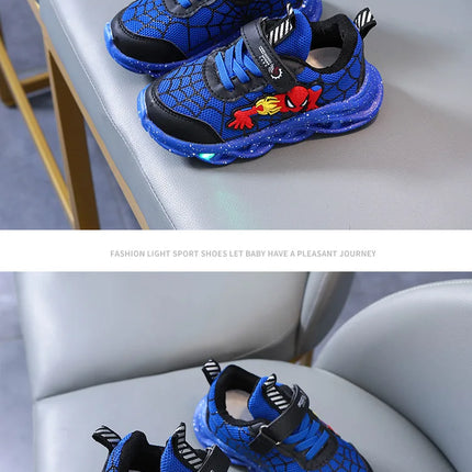 LED Casual Sneakers Red Black For Spring Boys Mesh Outdoor Spider-Man Shoes Children Lighted Non-slip Shoes Size 21-30