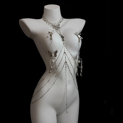 Sexy Butterfly Nipple Clips Body Chains Collar-Integrated Set Paired with Butt Plugs Vaginal Clamps Body Restraints Sex Toys