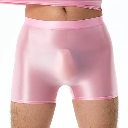 Mens Sexy Nylon Sheer Shiny Oil Boxer Shorts Underwear Solid Color Boxershorts Erotic Elastic Ice Silk Panties Underpants Cueca