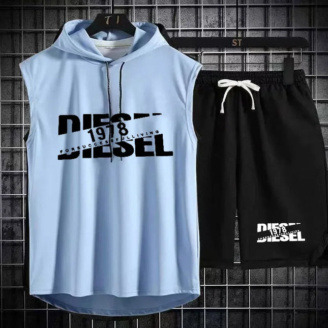Summer breathable letter printed sleeveless hooded sports suit men's quick drying vest shorts two-piece set