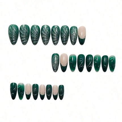 24Pcs Cool-Tone Green Press On Nails 3D Wavy French Cat Eye For Women Party Daily