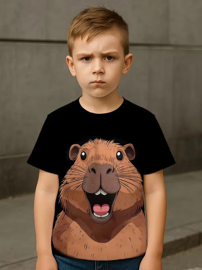 Cute Capybara Boy Clothes Cartoon Graphic Short Sleeve Tee Boy Child T-Shirt Summer Loose Top Fashion Kids Clothes Boys Clothing