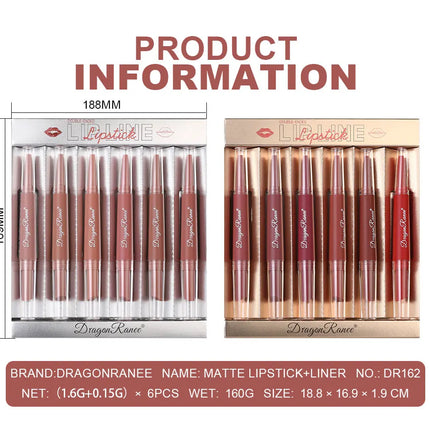 Six Double-Ended Lipstick Set, Velvet Matte Matte Lipstick, Lip Gloss, Easy to Color, Non-Fading, Non-Stick Lipstick Set