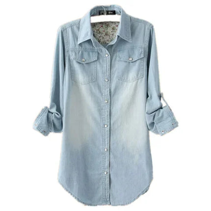 Slim Fit Mid-Length Long Sleeve Denim Shirt Women's Cotton Base Layer Shirt Autumn Winter Polo Collar Pocket Design Jeans Jacket
