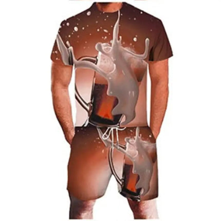3D Beer Print Sport Moisture-Wicking Breathable Men T-Shirt Shorts Fun Cool Street Cosplay Casual Fashion Trend Pants Set Summer