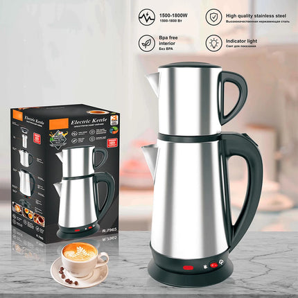 220V Electric Turkish Kettle Set 1L & 2L Stainless Steel Black Herbal Tea Maker Double Kettle Turkish Teapot for Home