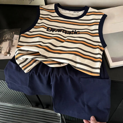 2026 Summer Sport Style Boys Clothing Set Letter Pattern Tank Top+Cargo Shorts 2Pcs Clothes Stripe Children Suit
