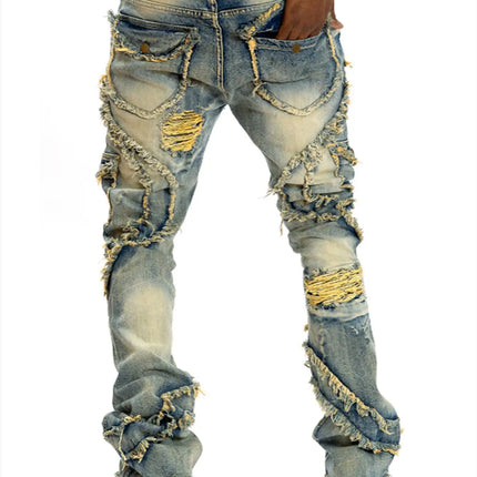 2025 New European and American men's casual jeans, street punk fashion, retro, ripped hole, slightly flared tassel elastic jeans