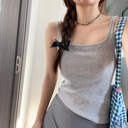 Women's Vest with Built-in Bra Pad Elastic Ribbed Square Collar Csole Tank Top ort Length  Color Versatile Summer F...