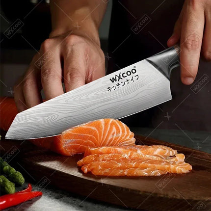WXCOO Stainless Steel Chef Knife Household Kitchen Knife Laser Damascus Pattern Slicing Scissors Cleaver Fruit Knife Holder