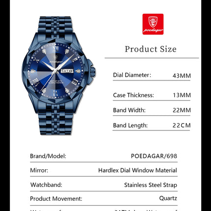 POEDAGAR Fashion Luxury Men Watch Top Original Waterproof Luminous Date Week Man Wristwatch Stainless Steel Quartz Men's Watches