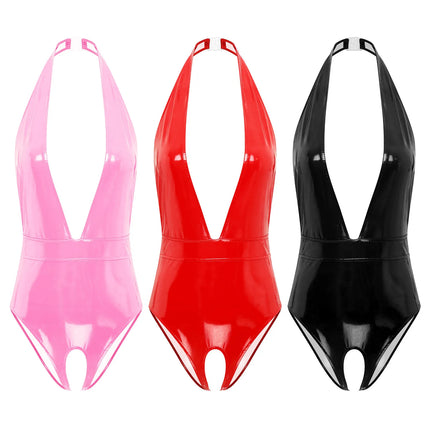 Womens Wet Look Patent Leather Bodysuit Halter Deep V Neck Crotchless Leotard Backless Sleeveless Catsuit Lingerie Nightwear