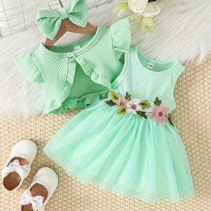 Newborn 2024 Baby Girls Dress Summer Waist Flower Vest Sleeveless Short Top Sweet Girl Lace Mesh Dress