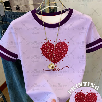 26 Women's Short Sleeve Valentine's Day LOVE Red Heart Print T-Shirt Girl Round Neck Tee Outdoor Sports Adult Women's T-Shirt