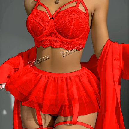 Sexy Lingerie Fancy Lace Eroticу Set Woman 3 Pieces Transparent Women's Underwear Embroidery Erotic Beautiful Bra And Panty Sets