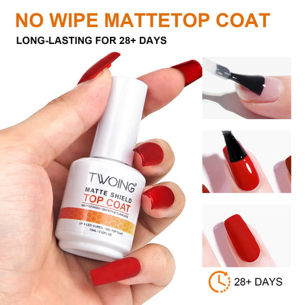 TWOING 15ml Velvet Matte Top Coat Gel Nail Polish Matte Top Coat No Wipe Sealer Gel Finish Manicure Nail Art Salon Quality
