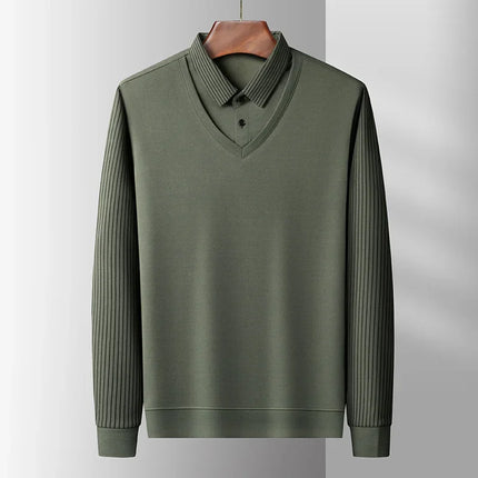 Men's Casual Fashion Long Sleeve Solid Color Polo Shirt 2025 Business Versatile Top All Season Fake Two-Piece