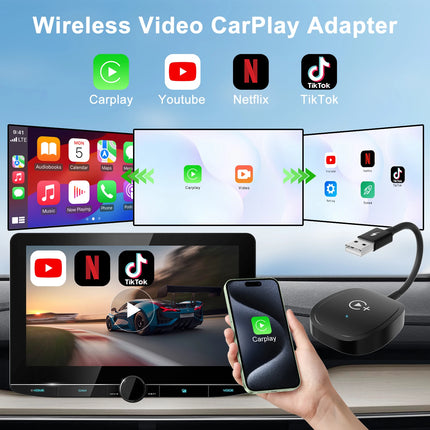 Wireless Video CarPlay Adapter With Netflix/YouTube/Tiktok, For OEM Wired CarPlay Cars