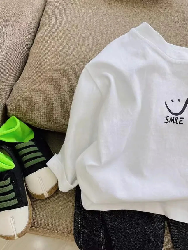 1-7T Kids Boys Spring Basic T-shirt Children Autumn Long Sleeved White Pullover Baby Girls Pure Cotton Loose T-shirt Top Clothes