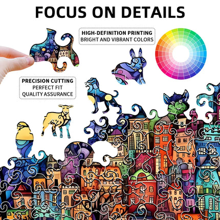 Adult Wooden Puzzle - Colorful Comic City - Unique Irregular Animal Shape Puzzle - Creative Gifts for Teenagers and Adults