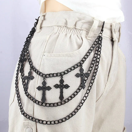 Punk Metal Cross Star Layered Chain Keychain For Women Men Waist Key Chain Wallet Jeans Hip-hop Pants Harajuku Belt Jewelry Gift
