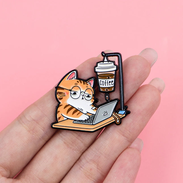 Cute Office Cat Enamel Pin Coffee Brooch Lapel Pins Badge on Backpack Clothing Accessories Fashion Jewelry Friends Gifts