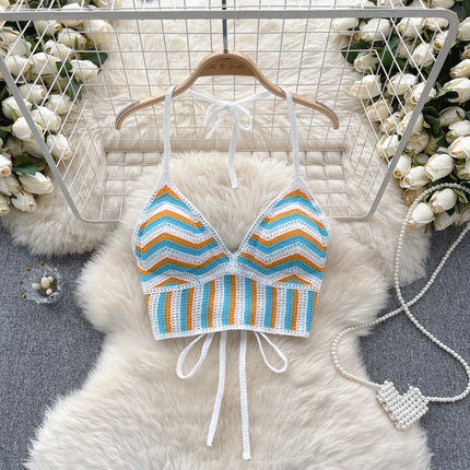 Beach Vacation Style Cami Top Women Design Sense Color Blocking Hook Flower Slim Fit Camisole Short Sexy Exposed Navel Crop Tops