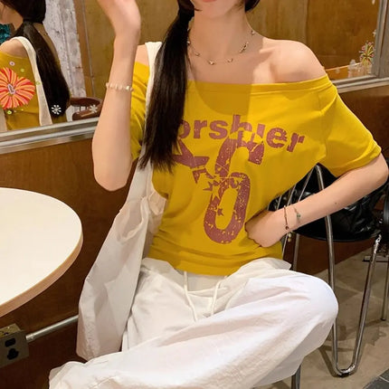 Fashion Y2k Off Shoulder Top Skew Collar Body Basic Short Sleeve Letter Print T Shirt Vintage Style