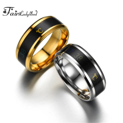 FairLadyHood Black Silver Color Gold Rose Blue Color Intelligent Thermometer Temperature Men Women 316L Stainless Steel Couple