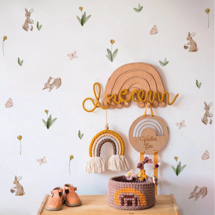 Summertime Watercolor  Cute Bunnies and Flowers Nursery Wall Decal, Peel and Stick  Reusable and Removable Kids Wall Stickers
