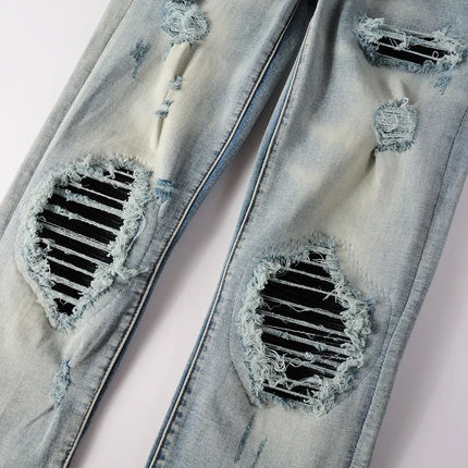 Men Leather Pleated Patches Biker Jeans Streetwear Skinny Tapered High Stretch Denim Pants Holes Ripped Distressed Trousers