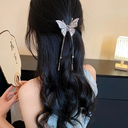 Shiny Rhinestones Butterfly Hair Claw Clips for Women Girl Vintage Long Chain Tassel Claw Clip New Chinese Style Accessories M1