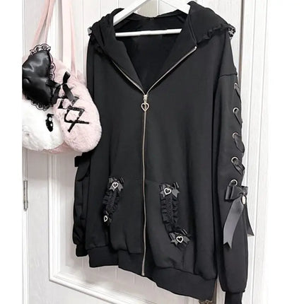 Winter Sweet Cute Rabbit Ears Lolita Coats Women Casual Fashion Bandage Lace Oversized Sweatshirt Y2k Harajuku Hooded Jackets