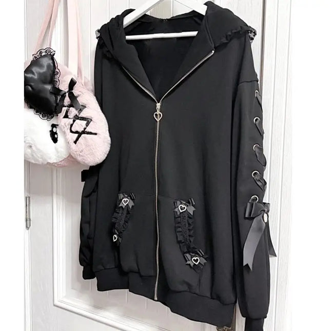 Winter Sweet Cute Rabbit Ears Lolita Coats Women Casual Fashion Bandage Lace Oversized Sweatshirt Y2k Harajuku Hooded Jackets