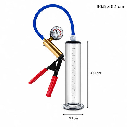 Male Acrylic Cylinder Vacuum Pump Sex Toy with Blue Hose Red Hand Grip Gauge and Man Masturbation Accessories