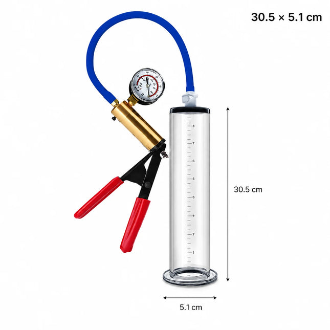 Male Acrylic Cylinder Vacuum Pump Sex Toy with Blue Hose Red Hand Grip Gauge and Man Masturbation Accessories