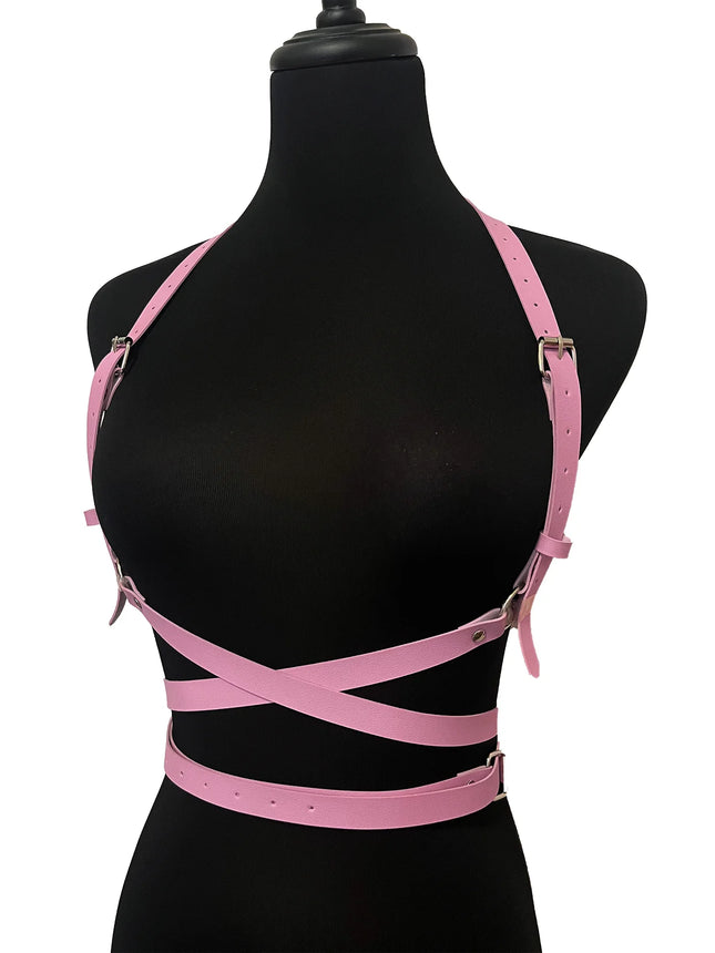 Pink Sexy Faux PU Leather Lingerie Suspender Harness Women Goth Adjustable Bondage Body Harness BDSM Fetish Clothing Accessory