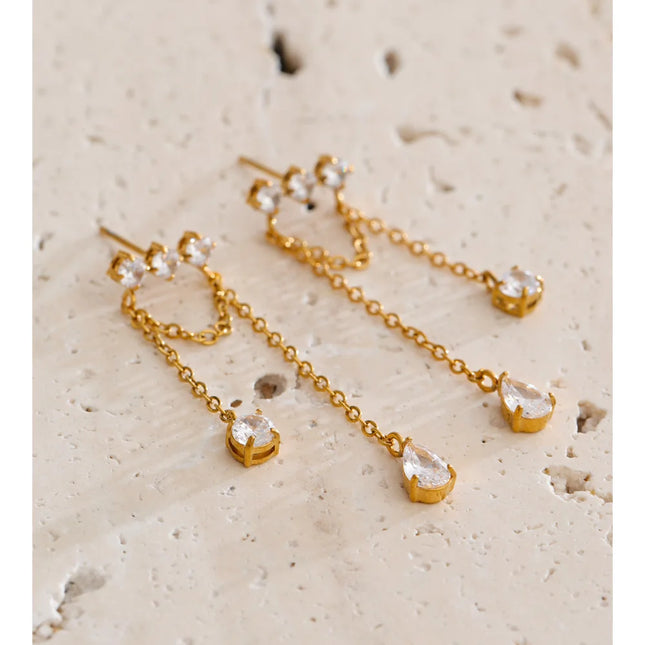 Yhpup Stainless Steel Cubic Zirconia Water Drop Tassel Chain Dangle Earrings Temperament Aesthetic Gold Color Ear Jewelry