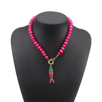 Bohemian Colorful Resin Beaded Necklace for Women Vacation Style Enameled Small Fish Collarbone Accessory