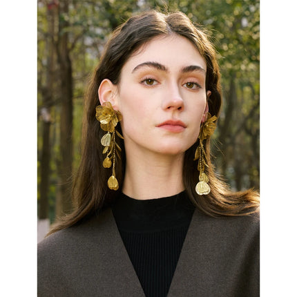 Yhpup Stainless Steel Big Flower Tassel Drop Dangle Exaggerated Earrings Metal Fashion Eye-Catching Party Jewelry Hypoallergenic