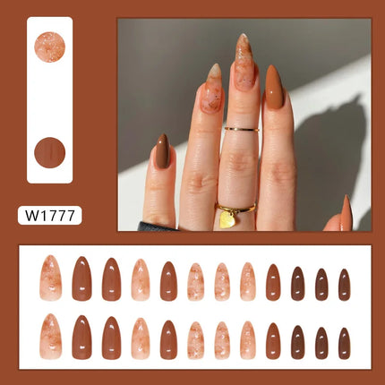 Dark Brown Flowers 24 Pcs Press-on Nails Pink Nail Polish Glossy Artificial Finger Manicure Reusable False Nails