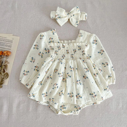 INS style Baby's Autumn Jumpsuit Baby Girl's Princess Hare  Small Floral Dress Western style Sweet with Headband Dress