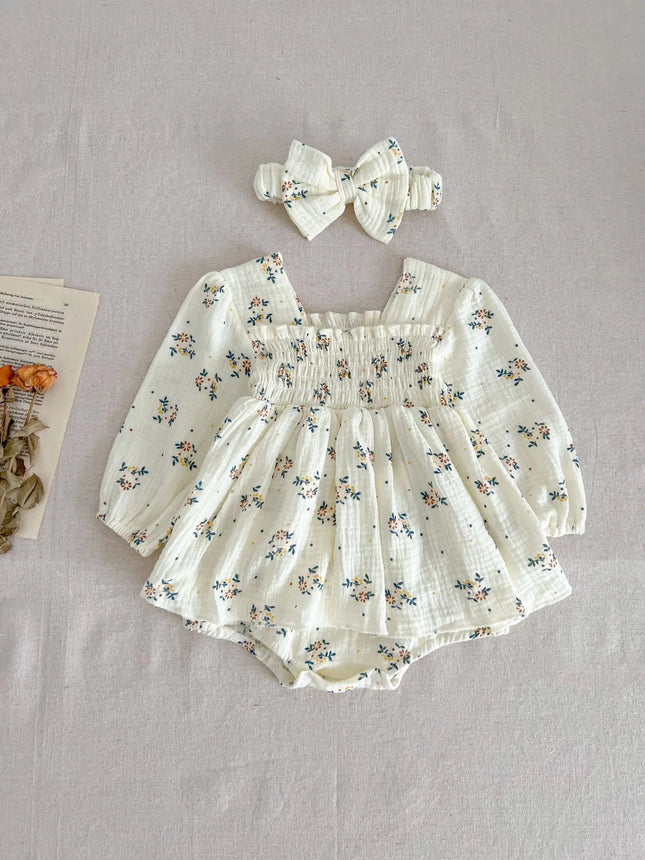 INS Style Baby Autumn Jumpsuit, Baby Girl Princess Harem Small Floral Western Style Sweet Dress with Headband