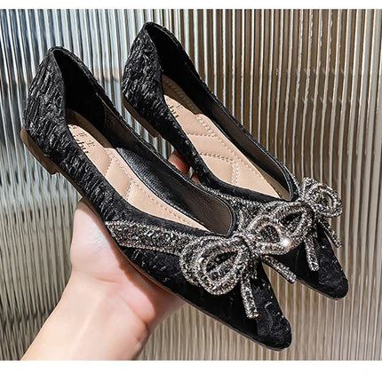 Women Flat Elegant Fashion Women Flat Fashion Ballet Shoes Ladies Bling Crystal Bow Tie Pointed Toe Flats Shoes Zapatos De Mujer