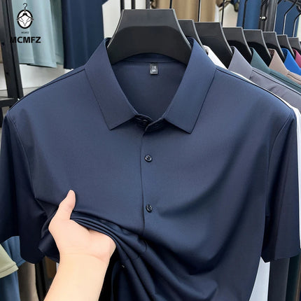 Summer Men Short Sleeve Button Up Shirt Ice Silk Casual Business Formal Shirt Breathable Wrinkle Free