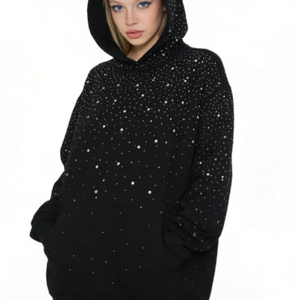 Rhinestone Studded Oversized Hoodie Women & Men Sparkle Starry Print Pullover Fall Winter Y2K Streetwear Punk Aesthetic
