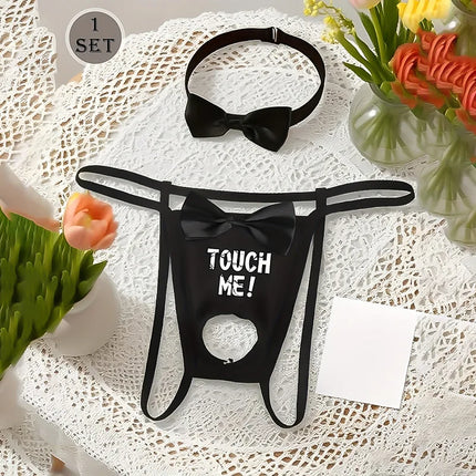 Sexy Bow Crotchless Thong Men's Hollow Lingerie Panties with Bow Collar Set Tuxedo Waiter Server G-String Costume Cosplay Outfit