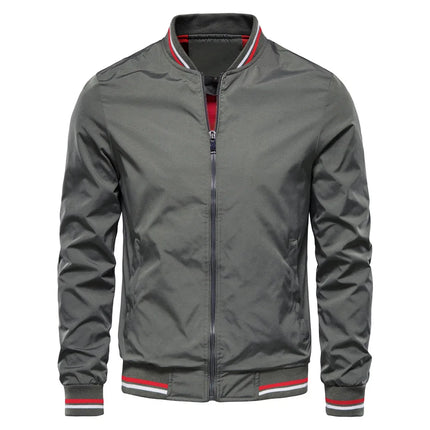New spring-autumn men's jacket - casual and lightweight windproof coat with zipper closure, striped ribbed collar and cuffs.